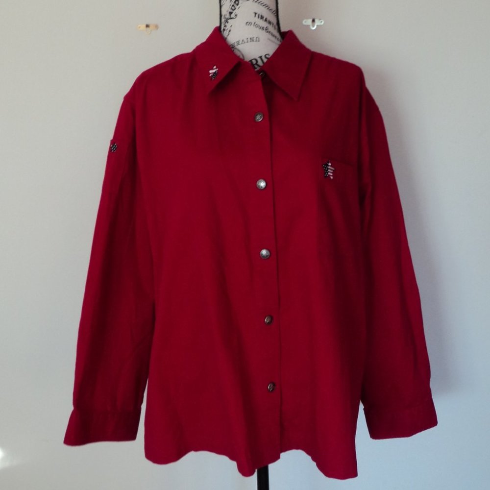NWT C J Banks Women's Plus 3X Blouse Top Shirt Red White Blue Stars Long Sleeve